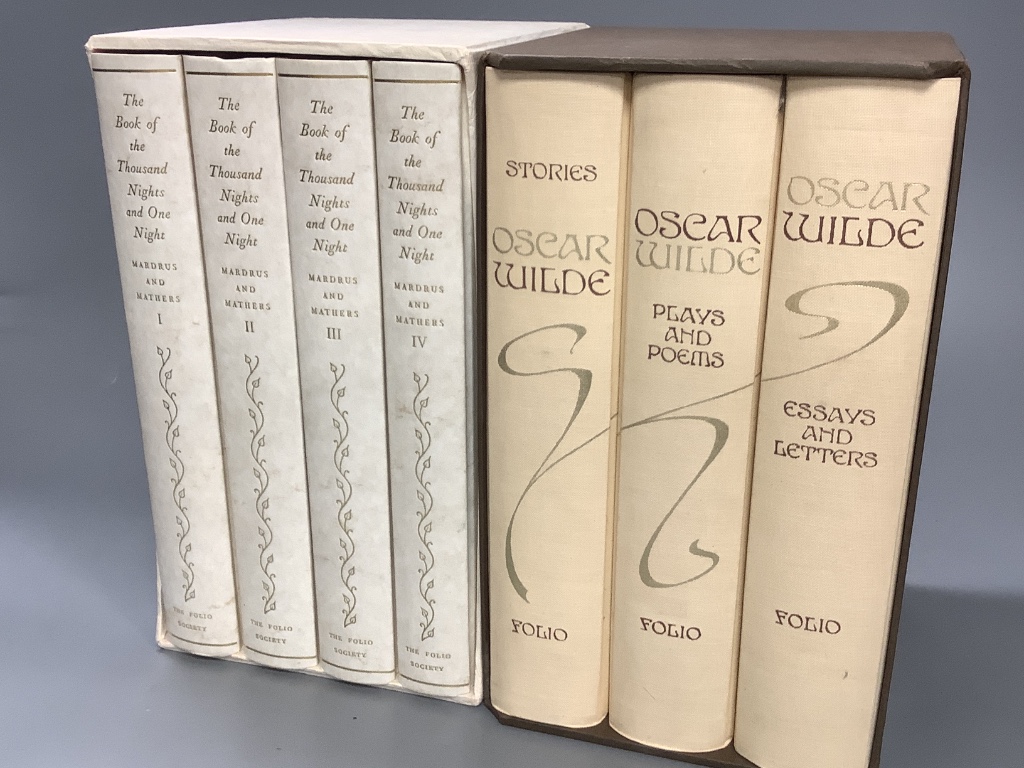 Wilde, Oscar, The Works Of Oscar Wilde: Stories, Plays and Poems, Essays and Letters, cased Folio Society set, 3 vols, together with Mardrus & Mathers, The Book of The Thousand Nights and One Night, cased Folio Society s